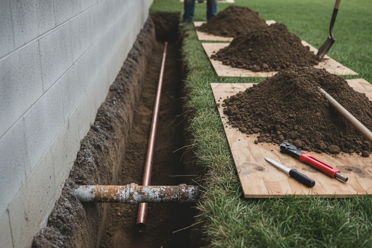 Excavated water line trench during Water Softener Installation in Avon